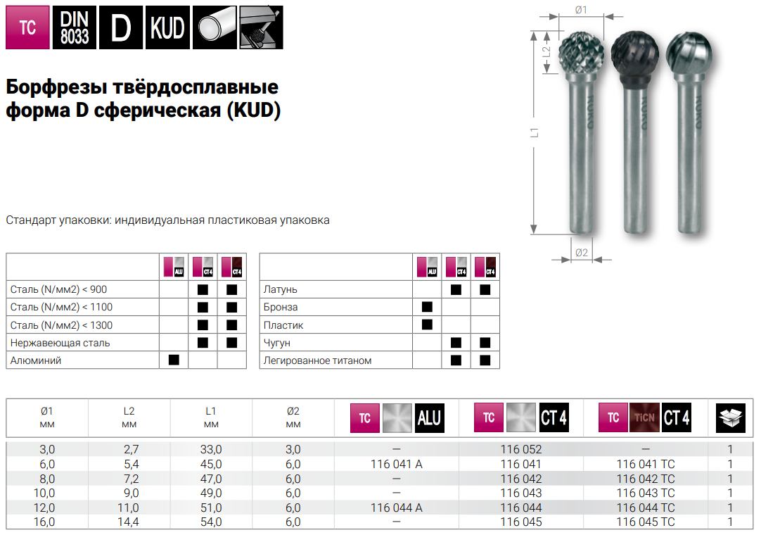 Бор-фреза твердосплавная 12x11x51 мм, D (KUD) DIN 8033, Ruko 116044A, с алюминиевыми зубьями - фото