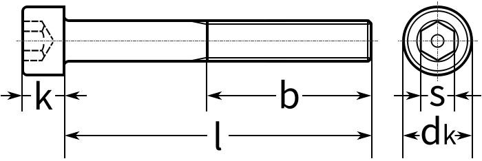 Винт (болт) с цилиндрической головкой и внутренним шестигранником DIN 912 - чертеж, схема