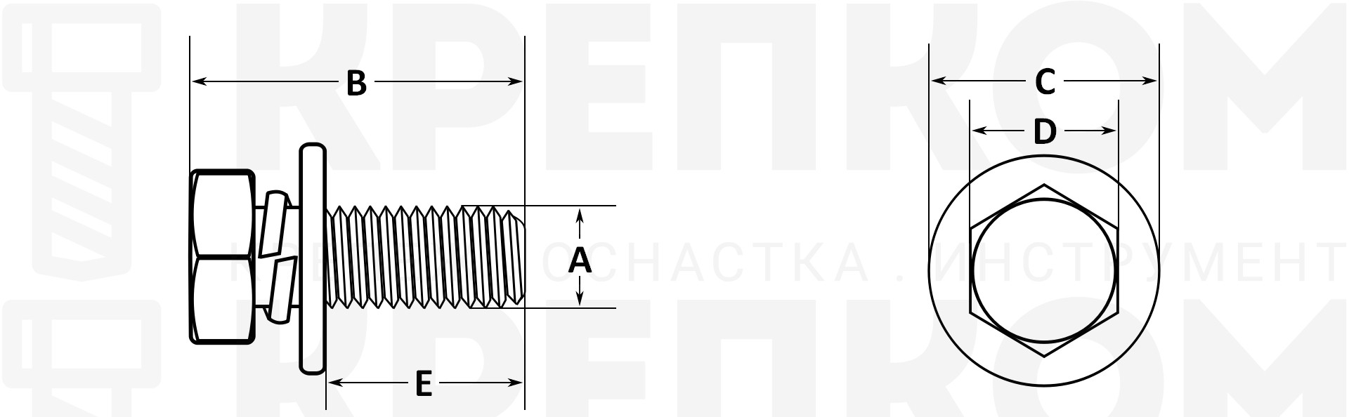 Болт шестигранный М6х1х20 мм с шайбами SN-10167 - схема, чертеж