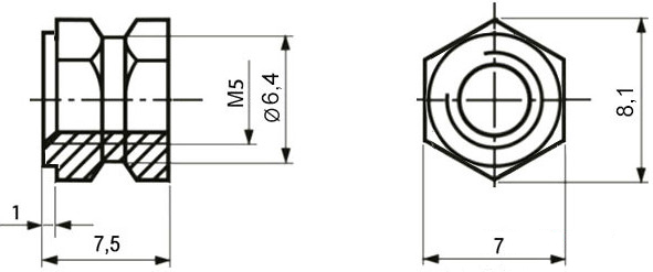 Втулка резьбовая закладная М5х7,5 мм Ruichi BN1035 глухая - схема