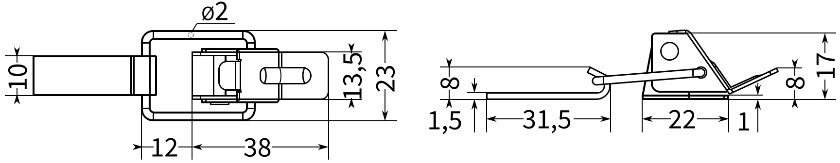 Замок-защелка уменьшенный L=22 B64C - схема и размеры